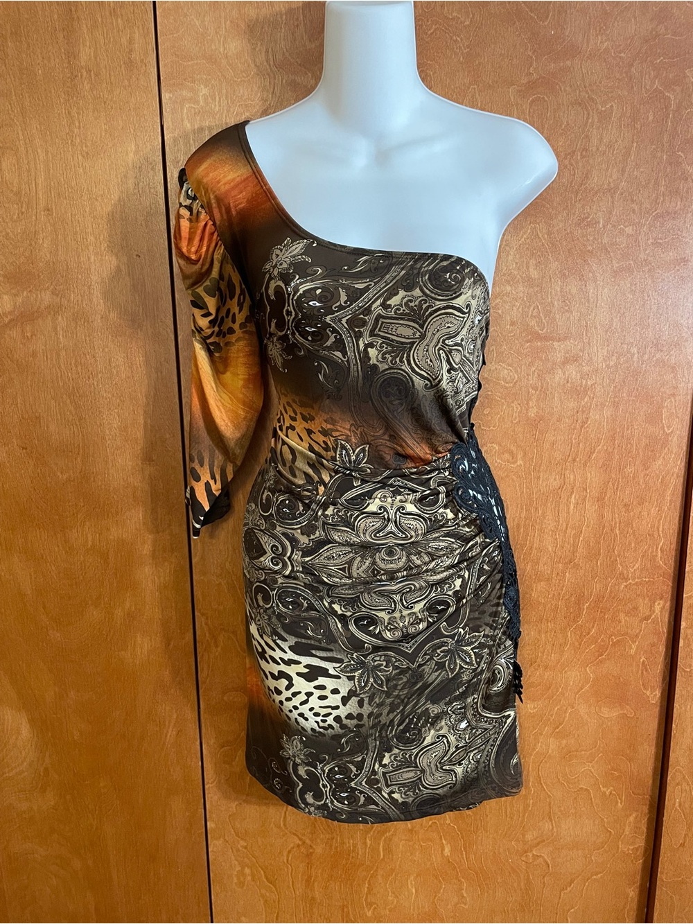 One-Shoulder Mixed Print Bodycon Dress in Brown and Orange